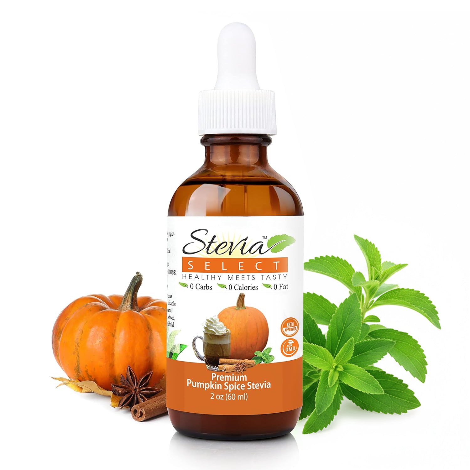 Pumpkin spice liquid stevia drops in glass bottle, sugar-free plant-based sweetener made with clean ingredients