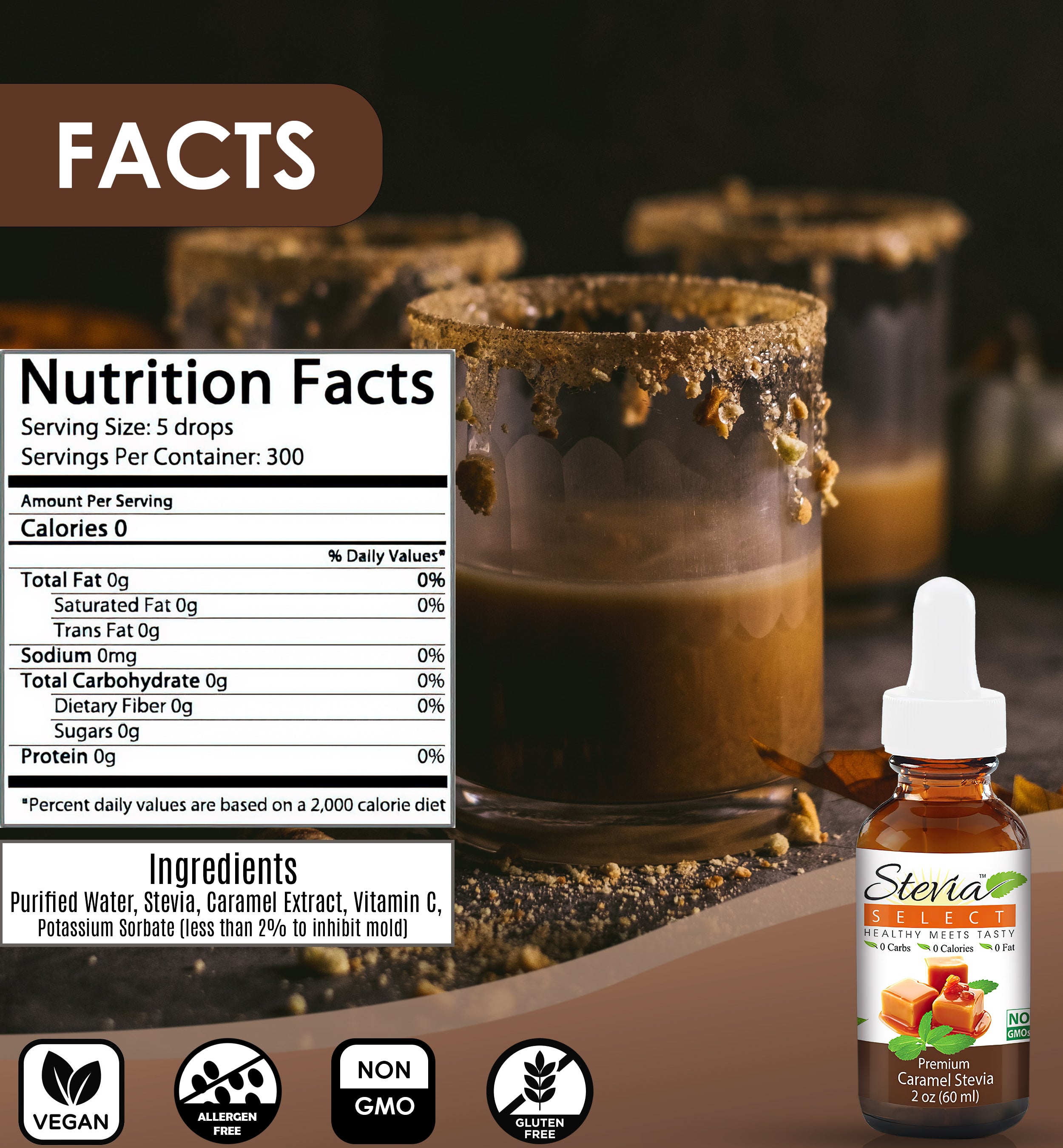 Stevia Liquid Caramel Keto Flavor Drops 2 oz - No Erythritol