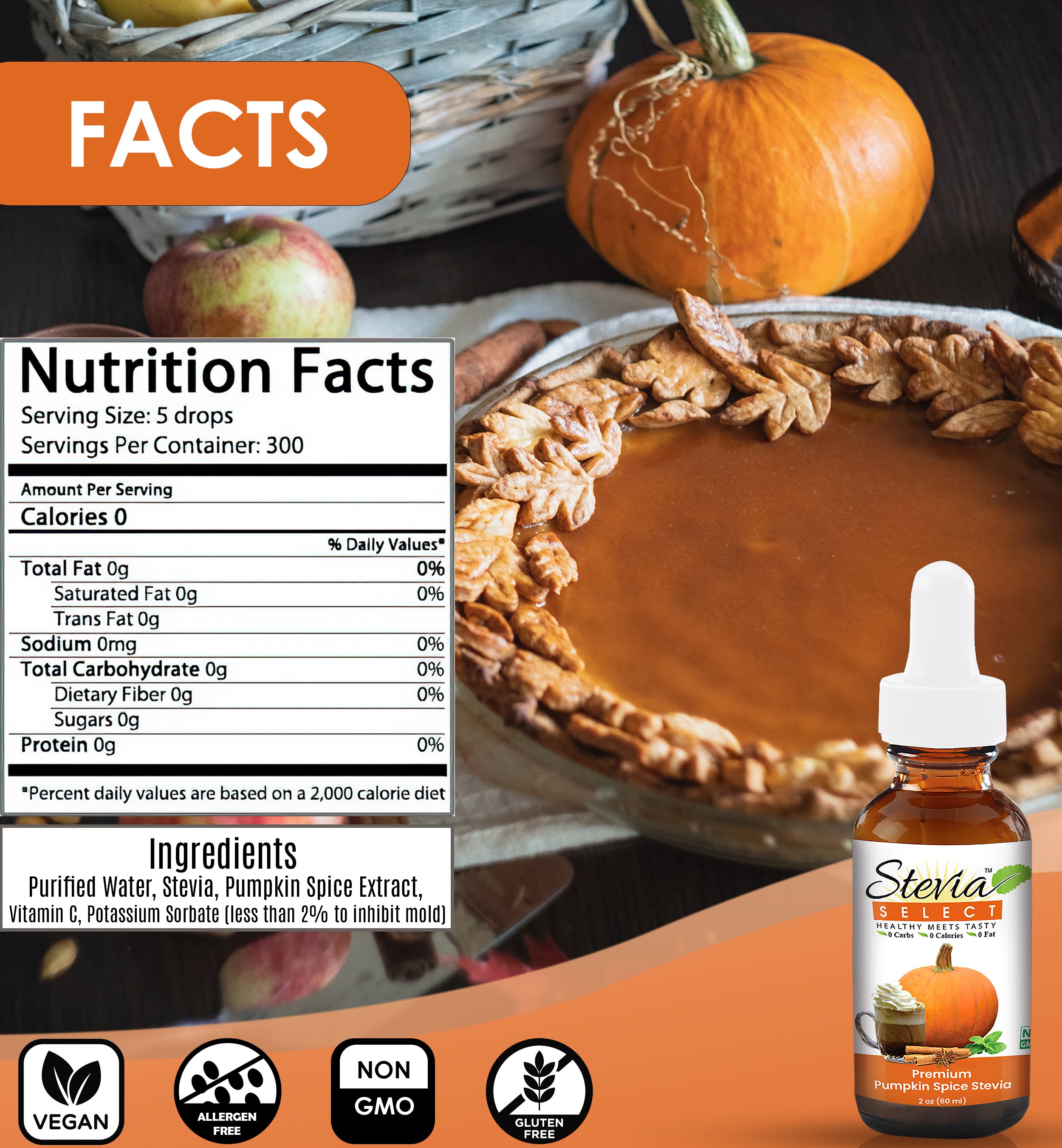 Pumpkin spice stevia label close-up, zero calorie sweetener made from clean plant-based ingredients