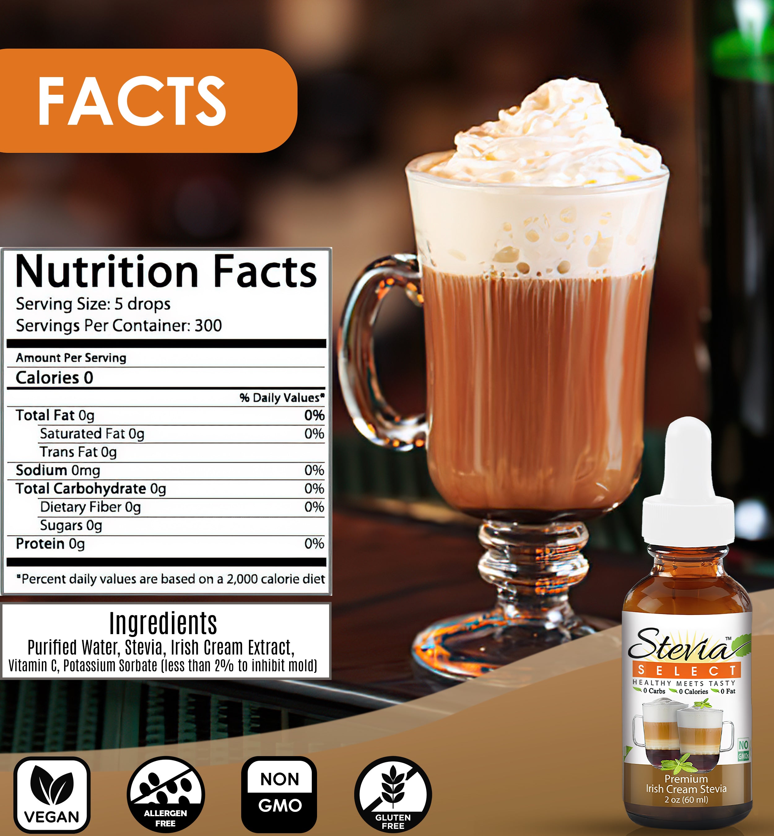 Stevia Liquid Irish Cream Keto Flavor Drops 2 oz. - No Erythritol