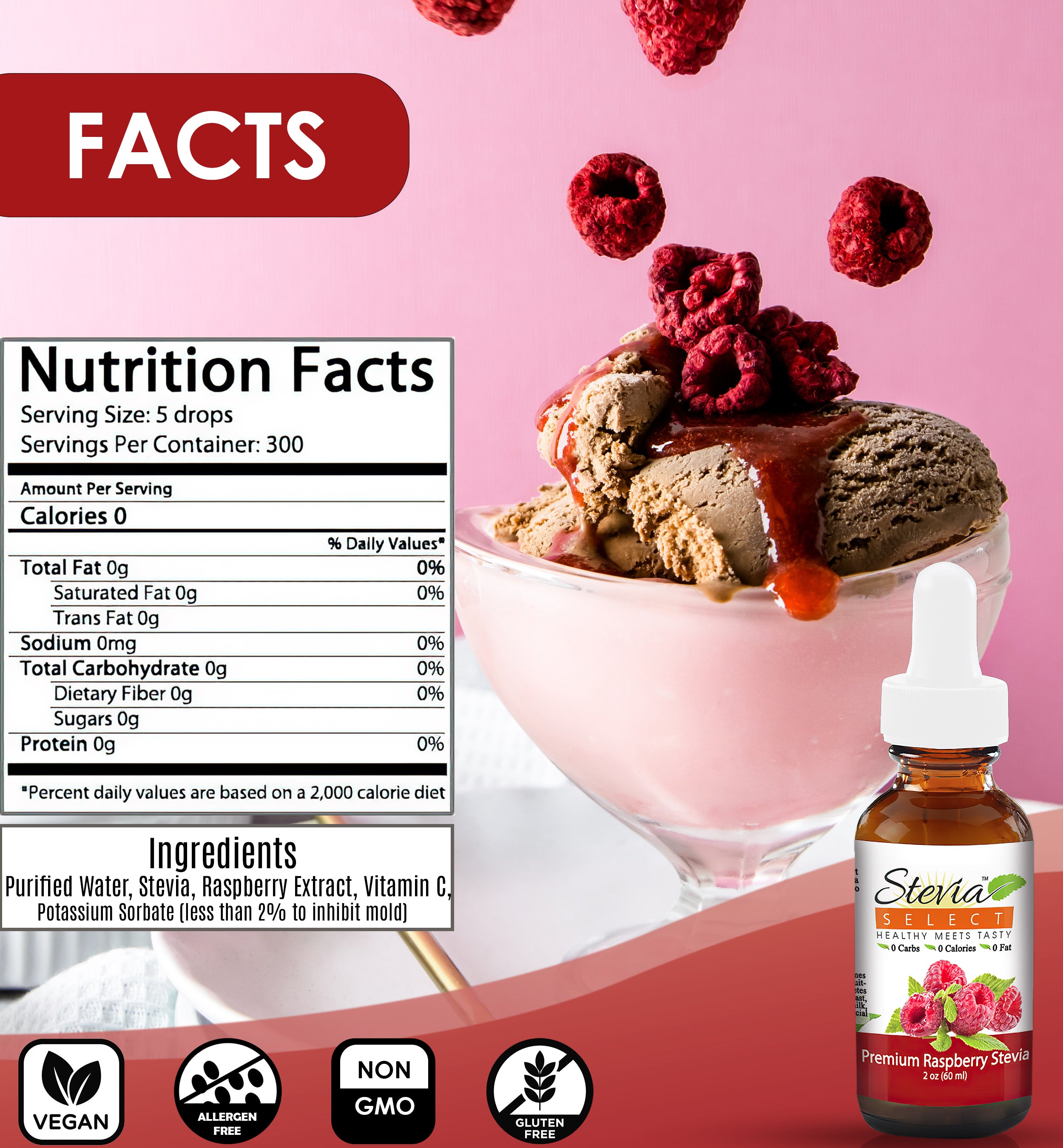 Stevia Liquid Raspberry Keto Flavor Drops 2 oz - No Erythritol