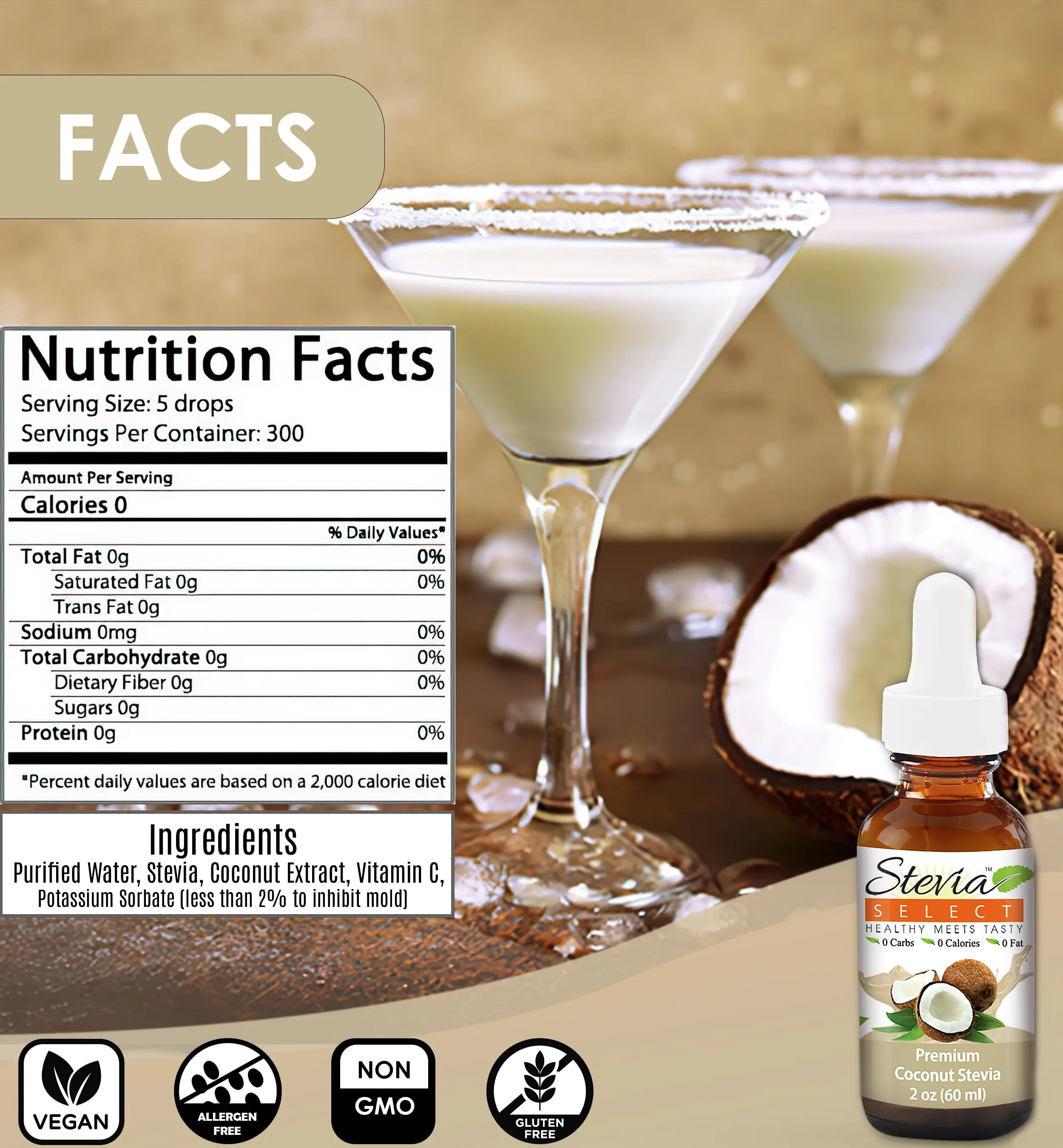 Stevia Liquid Coconut Keto Flavor Drops 2 oz - No erythritol