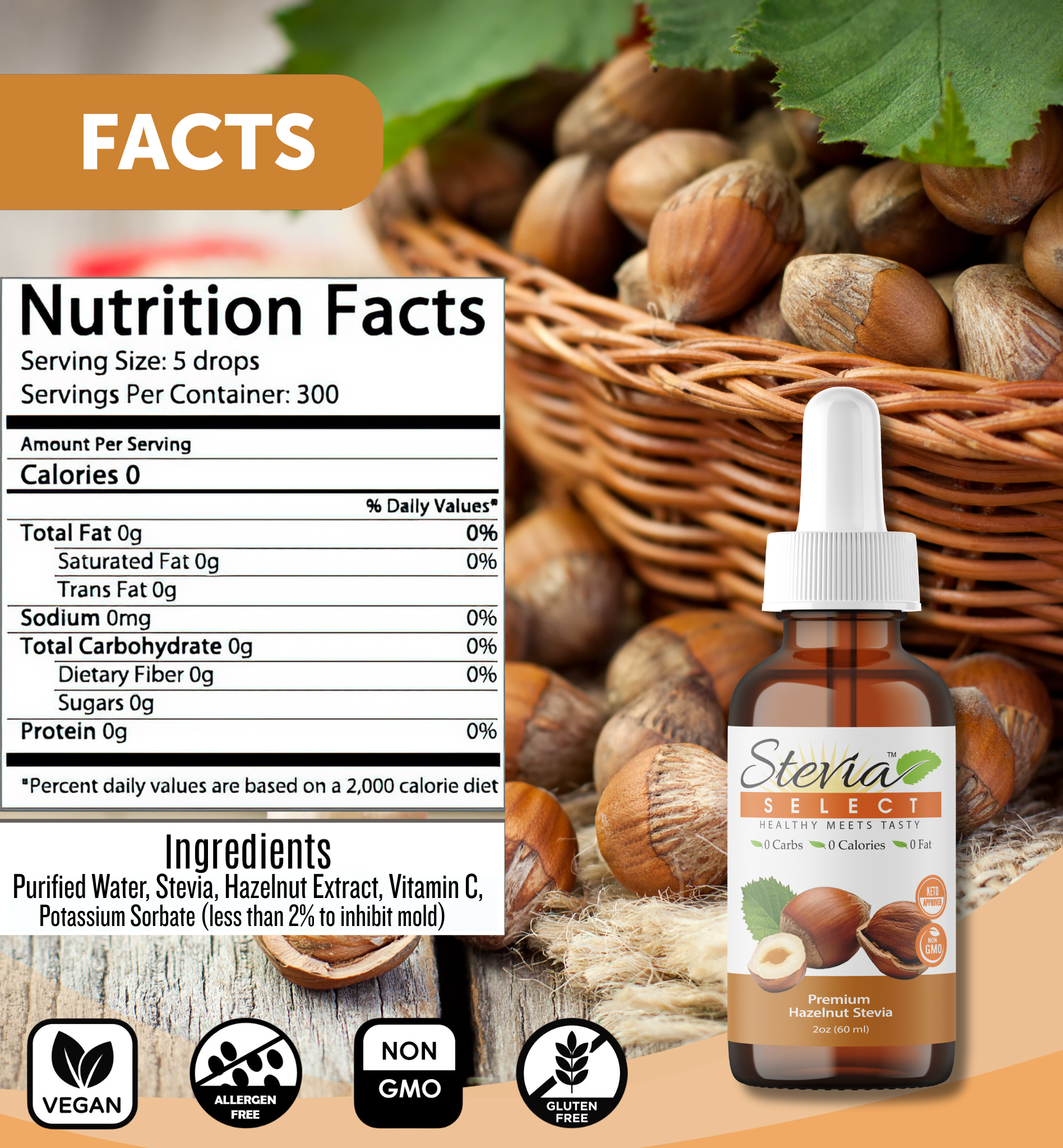Stevia Liquid Hazelnut Keto Flavor Drops 2 oz - No Erythritol