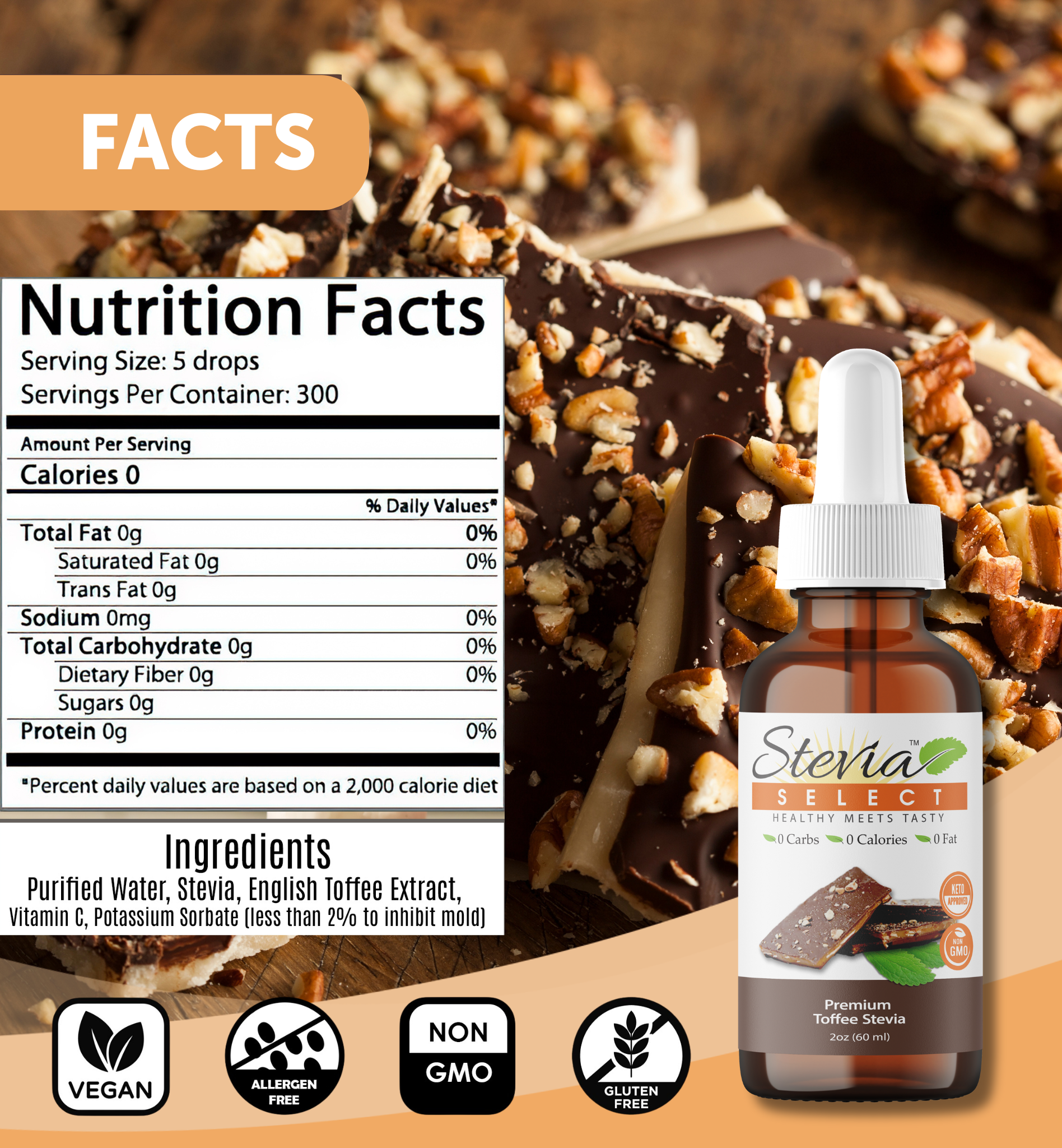 Stevia Liquid English Toffee Keto Flavor Drops 2 oz - No Erythritol