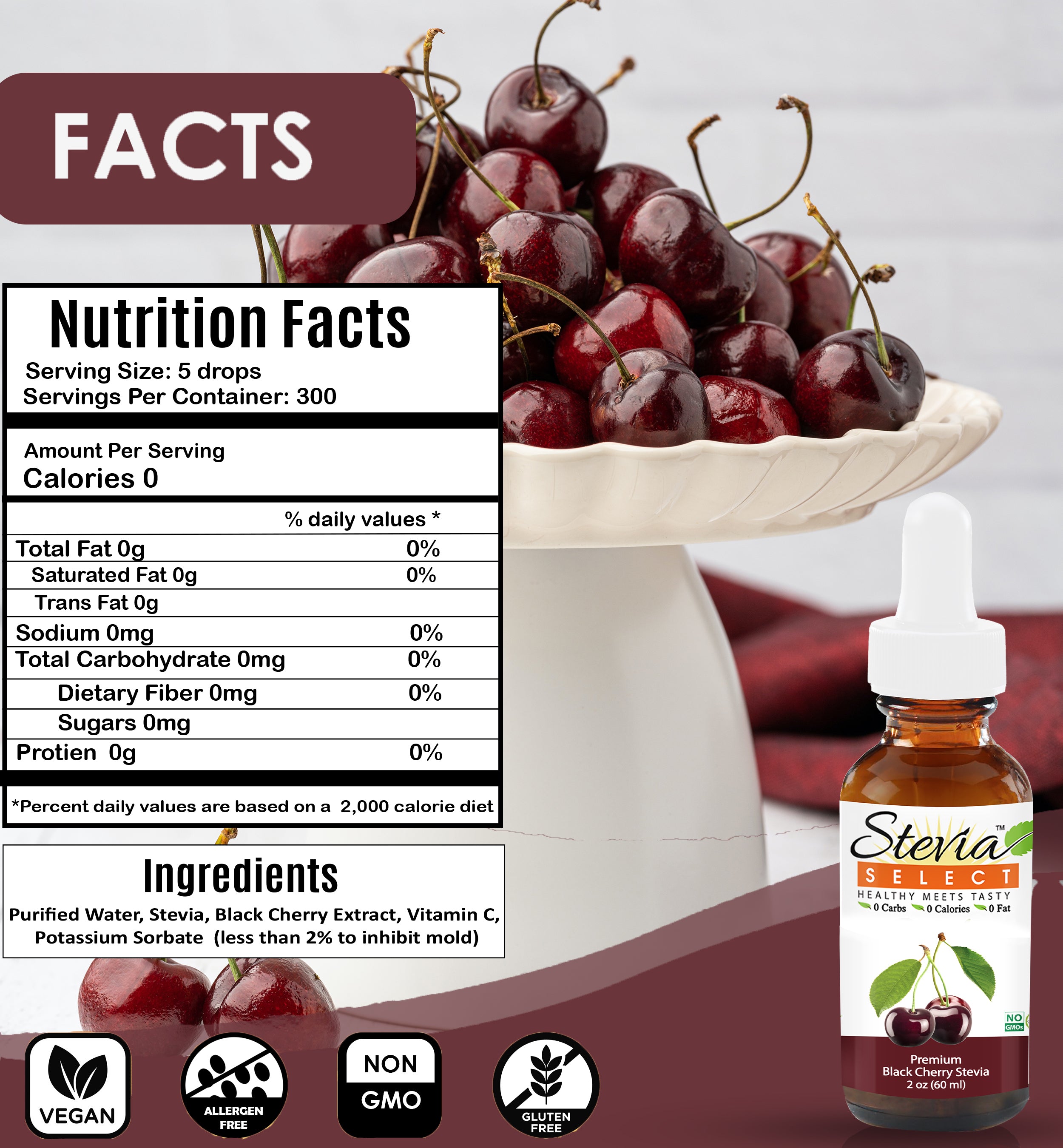 Stevia Liquid Black Cherry Keto Flavor Drops 2 oz - No Erythritol