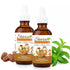 Double pack butter pecan liquid stevia bottles with pecans and stevia leaves, zero calorie plant-based sweetener for coffee and desserts.