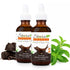 Stevia flavor dark chocolate sweet drops in 2 oz bottles with chocolate and stevia leaves in the background.