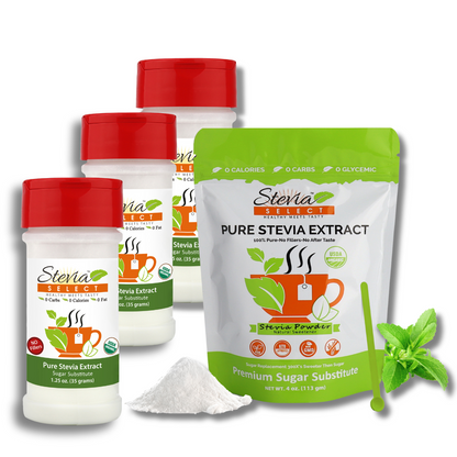 Pure Stevia Bundle - 4 oz Pouch Stevia, (3 ) Pure Stevia Shaker Bottles 1.25 oz